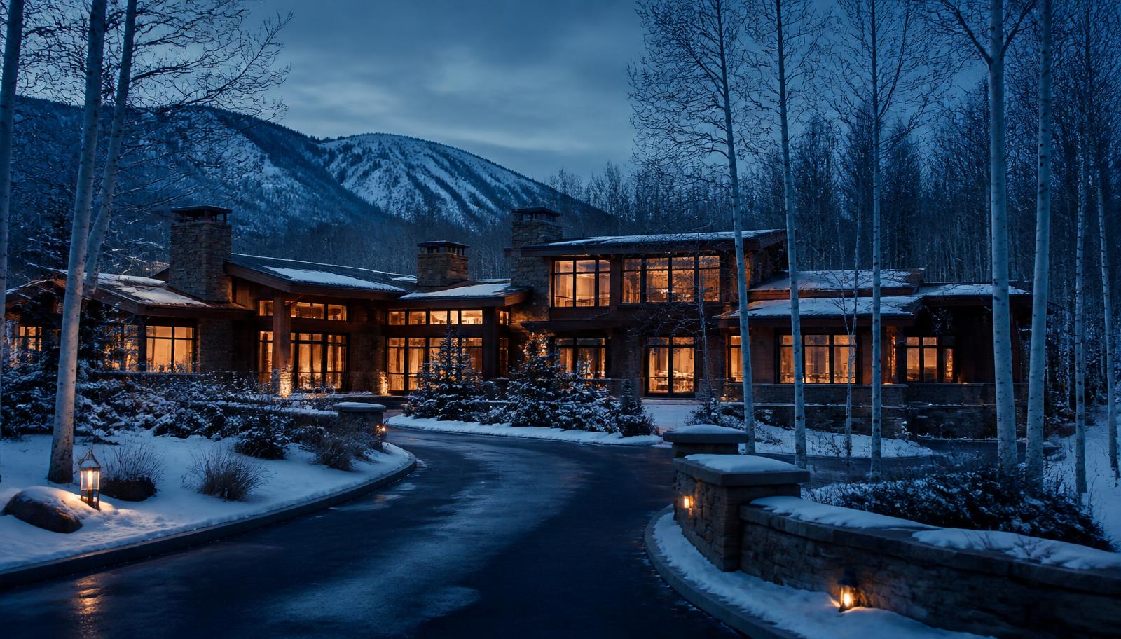 Aspen estate at blue hour, windows glowing